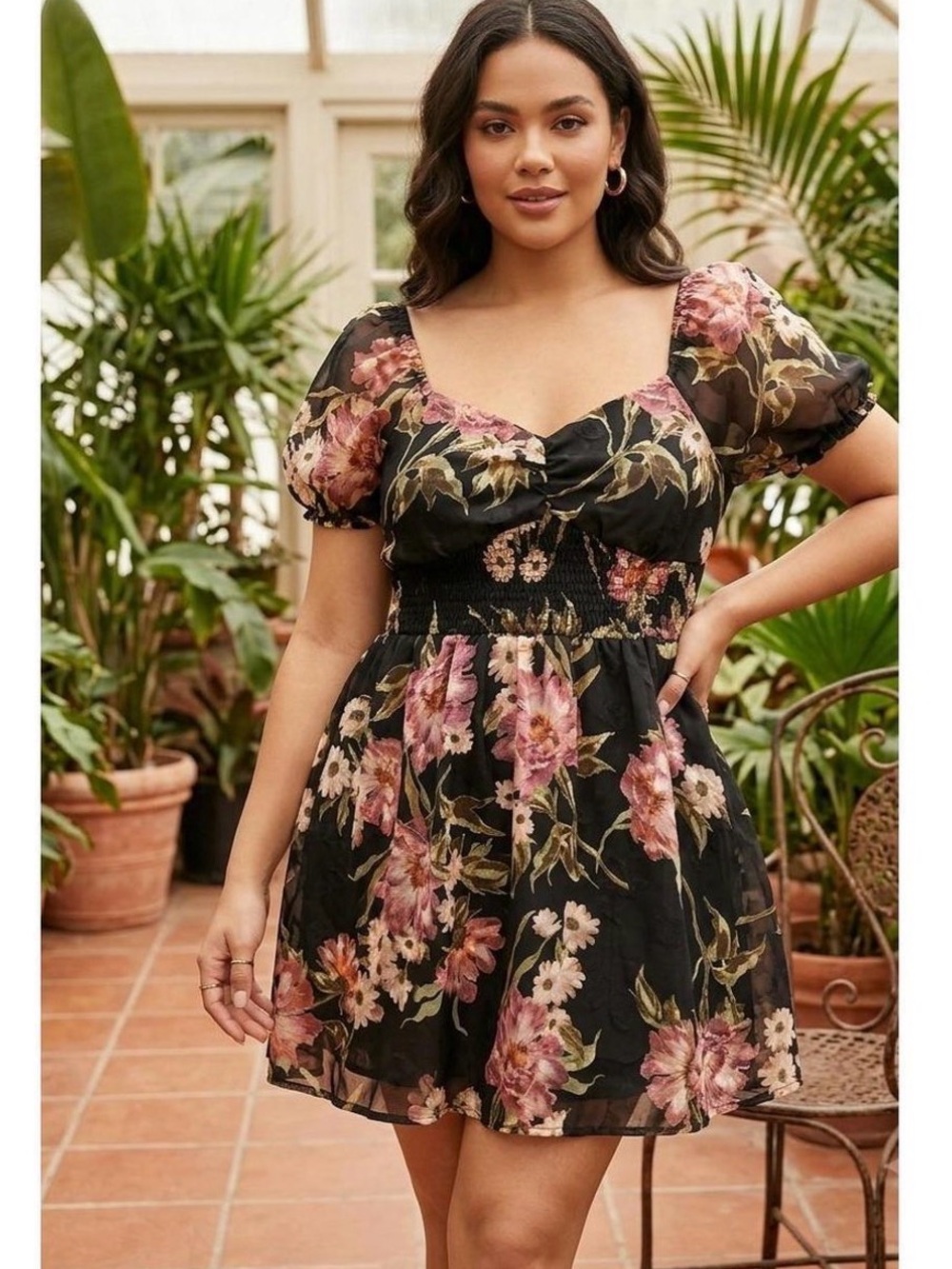 Lily Rose Black Floral Puff Sleeve Smocked Mini Dress Medium NWT